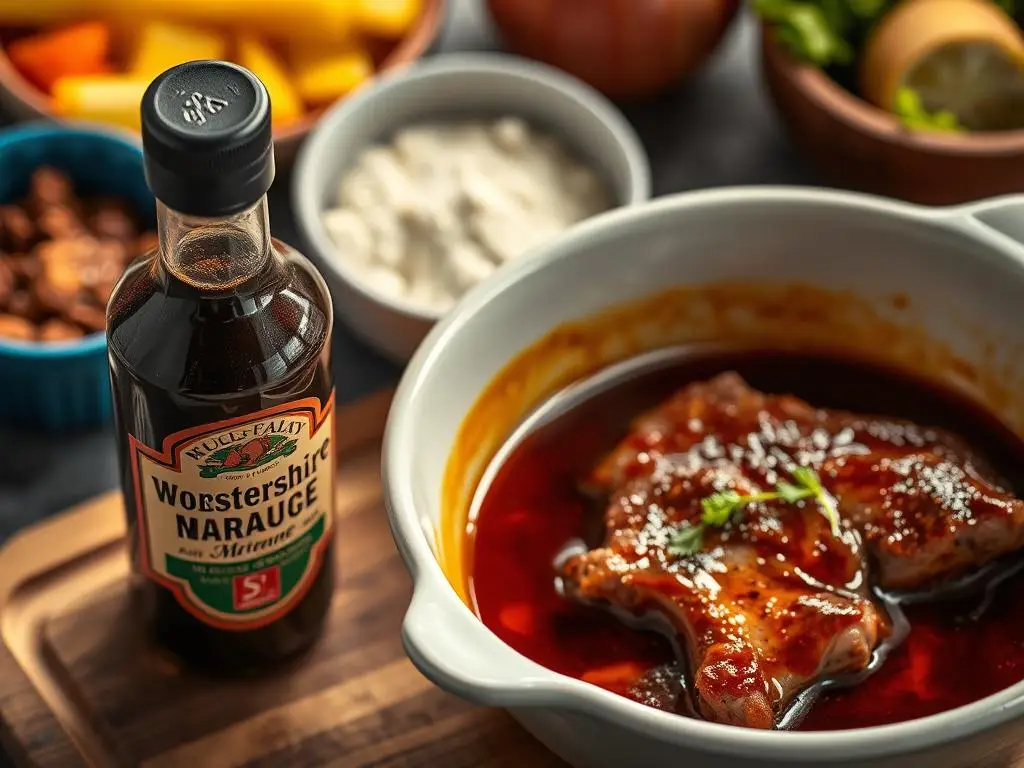 Butelka sosu Worcestershire obok miski z marynatą do mięsa Butelka sosu Worcestershire obok miski z marynatą do mięsa