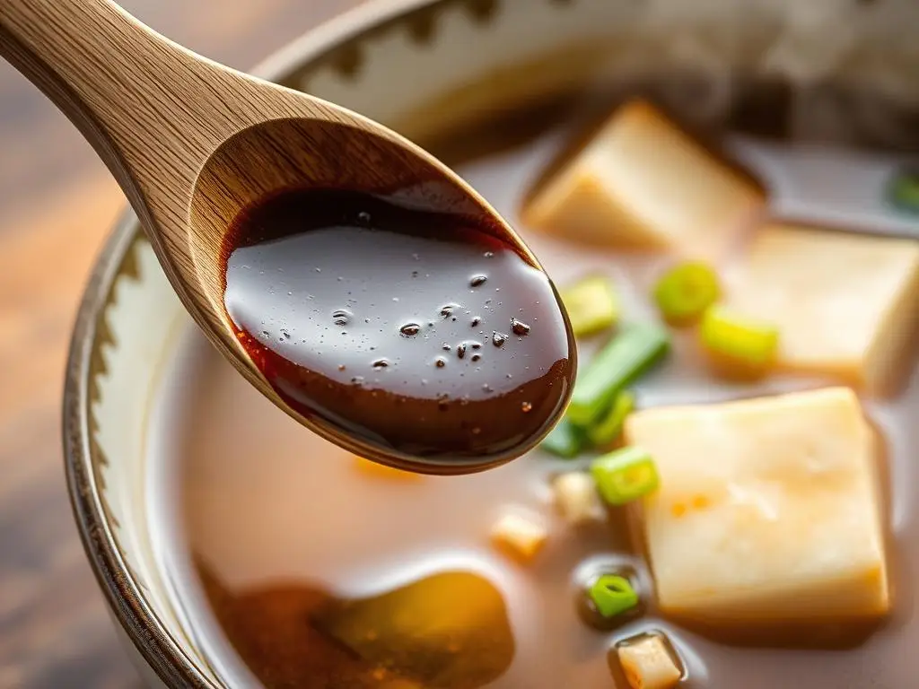 Drewniana łyżka z pastą miso, obok miska z zupą miso Drewniana łyżka z pastą miso, obok miska z zupą miso