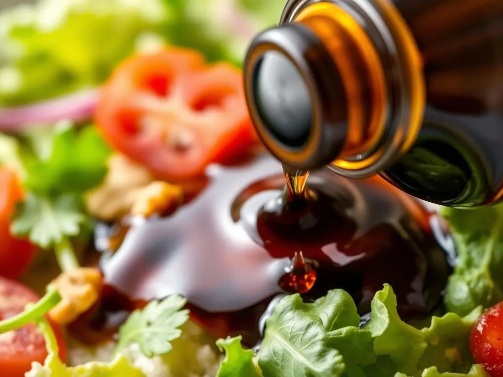 Ocet balsamiczny nalewany na sałatkę, krople sosu w zbliżeniu Ocet balsamiczny nalewany na sałatkę, krople sosu w zbliżeniu