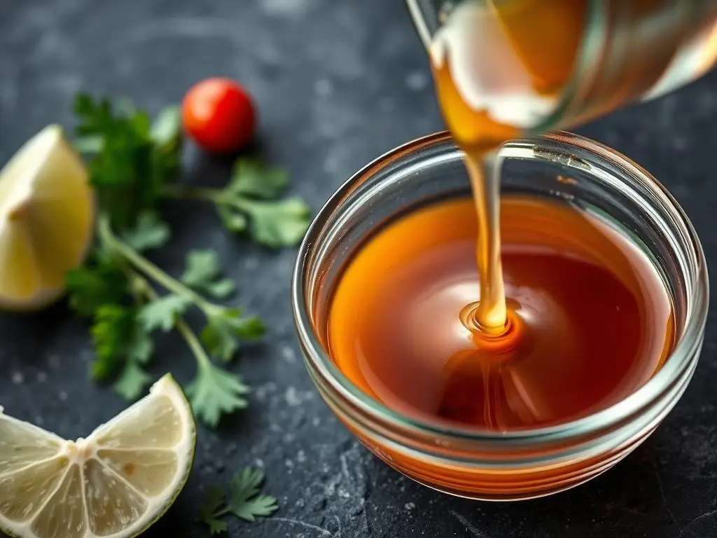 Sos rybny nalewany do małej miseczki, obok świeże zioła i limonka Sos rybny nalewany do małej miseczki, obok świeże zioła i limonka