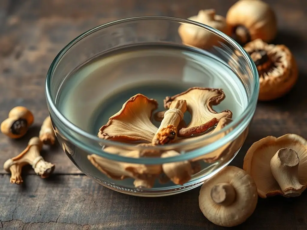 Suszone grzyby shiitake namaczane w wodzie w szklanej misce Suszone grzyby shiitake namaczane w wodzie w szklanej misce