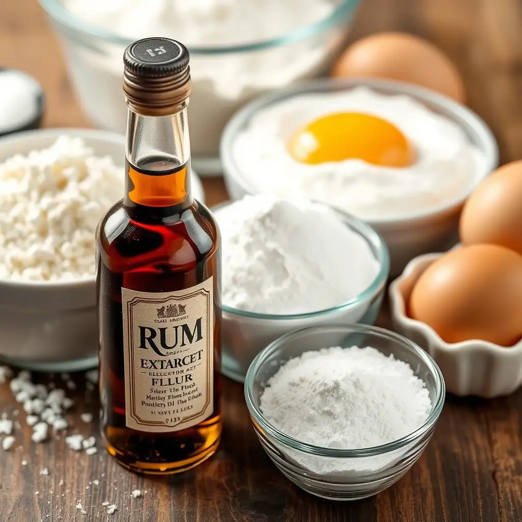 Buteleczka aromatu rumowego obok składników do ciasta Buteleczka aromatu rumowego obok składników do ciasta