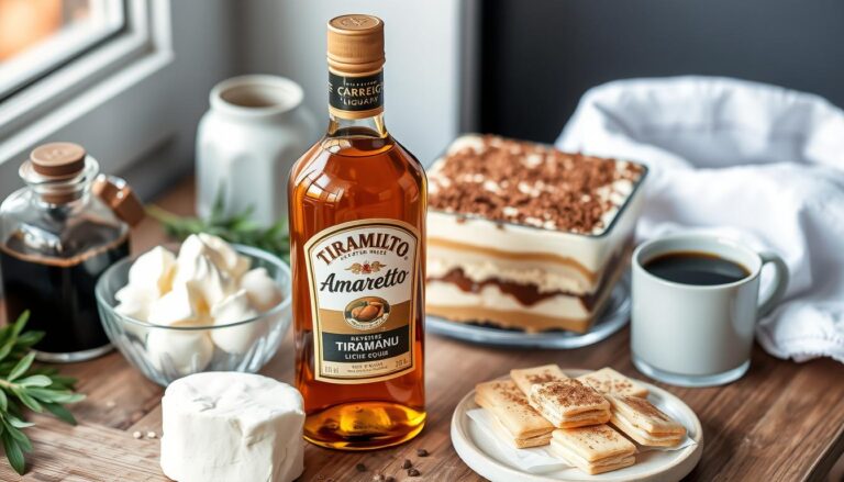 Butelka amaretto obok sk艂adnik贸w do tiramisu - mascarpone, kawy i biszkopt贸w