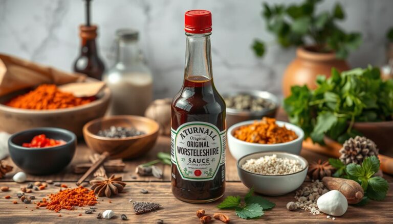 Butelka oryginalnego sosu Worcestershire na drewnianym stole z przyprawami