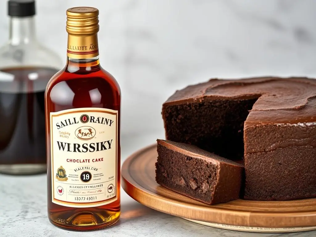 Butelka whisky obok ciasta czekoladowego Butelka whisky obok ciasta czekoladowego
