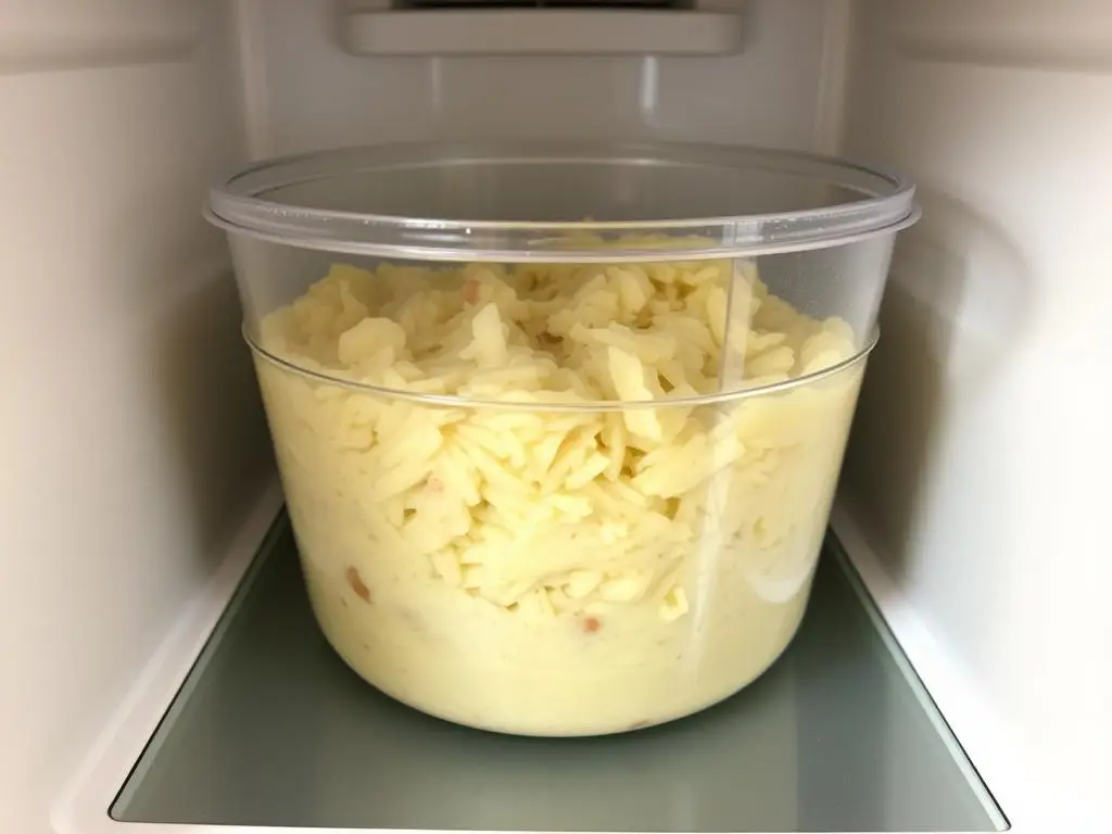 Ciasto na placki ziemniaczane przechowywane w szczelnym pojemniku w lodówce Ciasto na placki ziemniaczane przechowywane w szczelnym pojemniku w lodówce