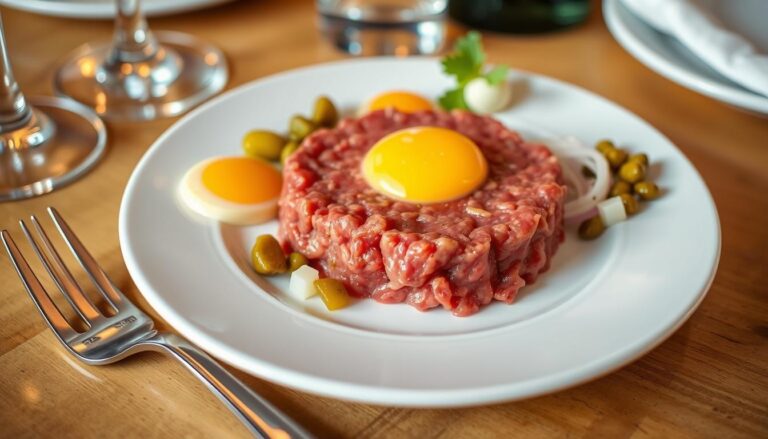 Elegancko podany tatar wołowy w restauracji z tradycyjnymi dodatkami