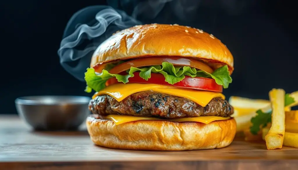 Idealnie podgrzany hamburger z soczystym kotletem i świeżymi dodatkami