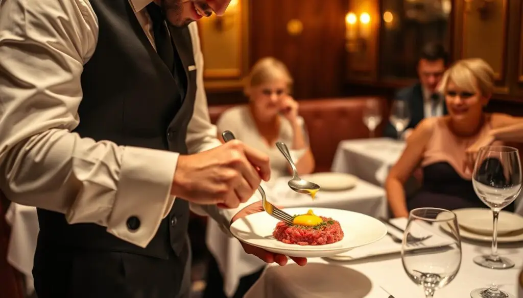 Kelner przygotowujący tatara przy stoliku w restauracji