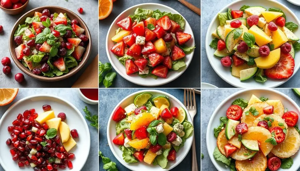 Kolaż różnych sałatek z zamiennikami granatu