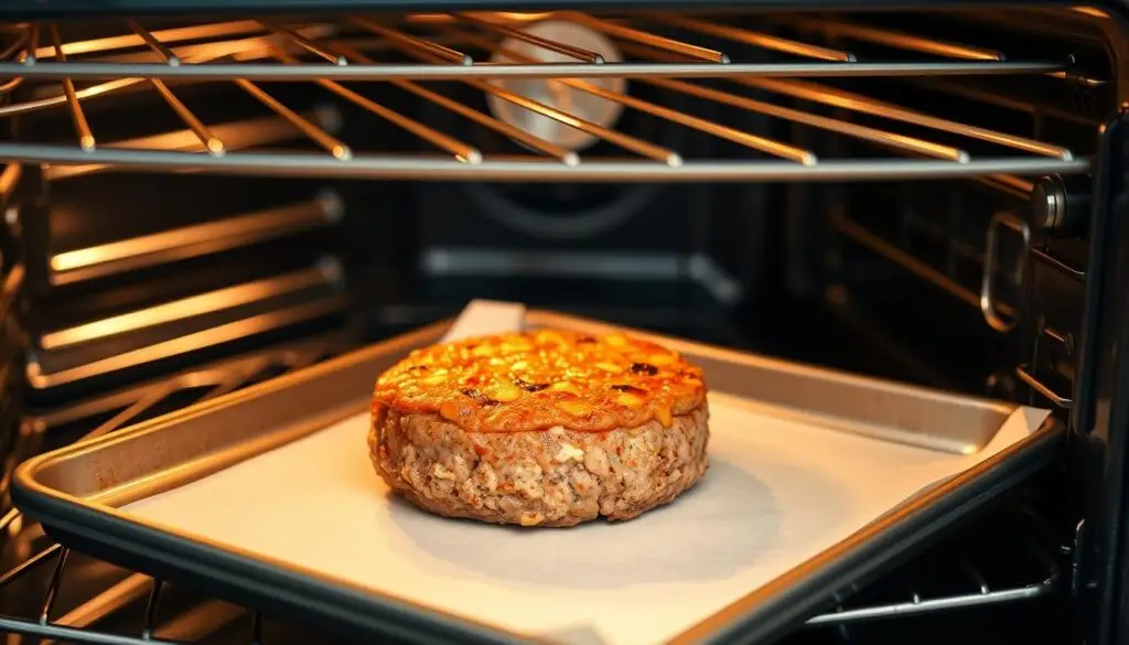 Kotlet hamburgerowy podgrzewany w piekarniku na blasze do pieczenia