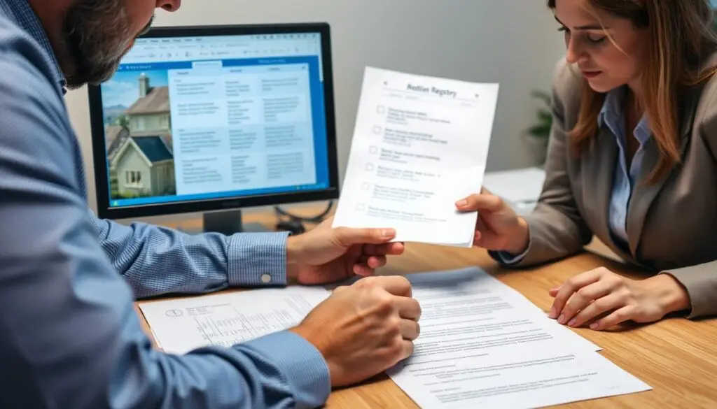 Notariusz sprawdza zadłużenie mieszkania w księgach wieczystych i analizuje dokumenty z klientem