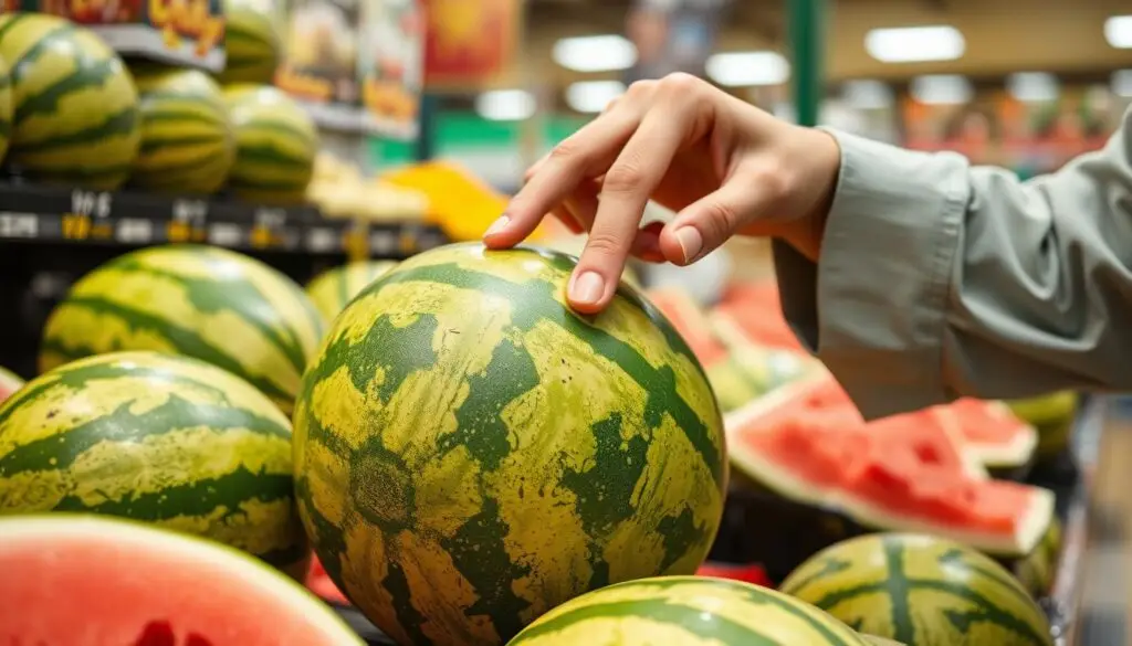 Osoba sprawdzająca dojrzałość arbuza przez opukiwanie Osoba sprawdzająca dojrzałość arbuza przez opukiwanie