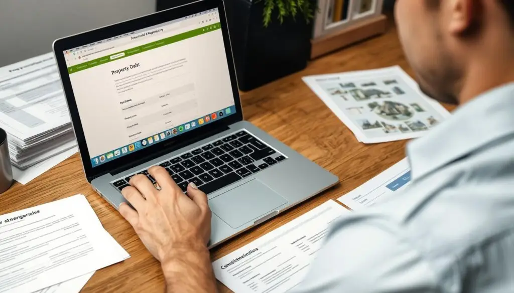 Osoba sprawdzająca zadłużenie mieszkania poprzez analizę dokumentów i rejestrów online