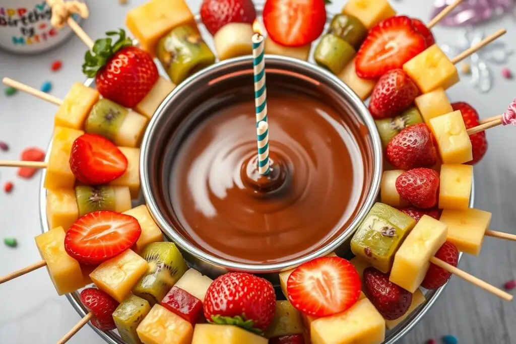 Owocowe szaszłyki z czekoladowym fondue zamiast tortu na urodziny dziecka
