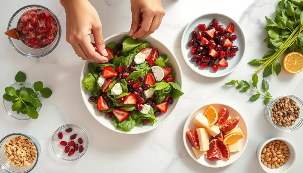 Proces komponowania sałatki z różnymi zamiennikami granatu