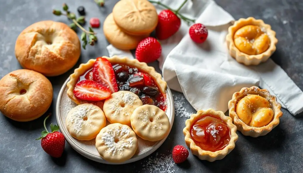 Różne wypieki z ciasta kruchego: tarta, ciasteczka i babeczki