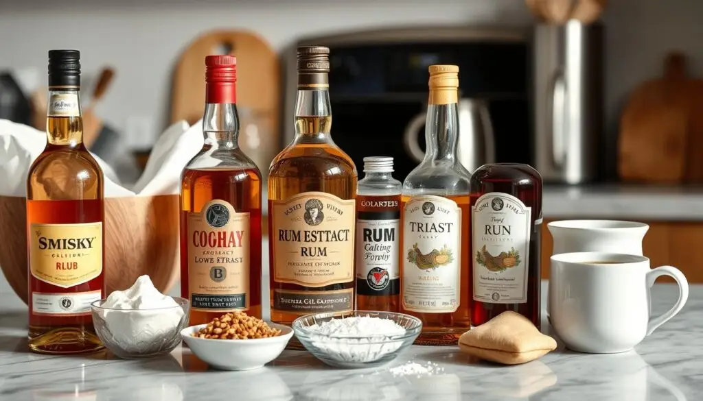 Różne zamienniki rumu obok składników do ciasta Różne zamienniki rumu obok składników do ciasta