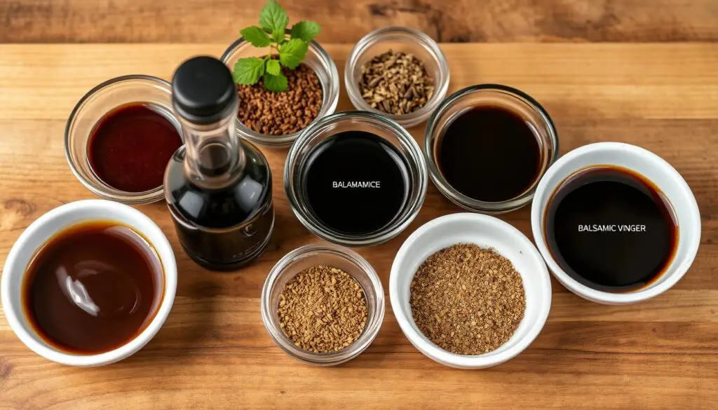 Różne zamienniki sosu Worcestershire w małych miseczkach - ocet balsamiczny, mieszanki przypraw co zamiast sosu worcestershire