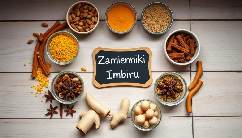 Różnorodne zamienniki imbiru ułożone na stole kuchennym Różnorodne zamienniki imbiru ułożone na stole kuchennym