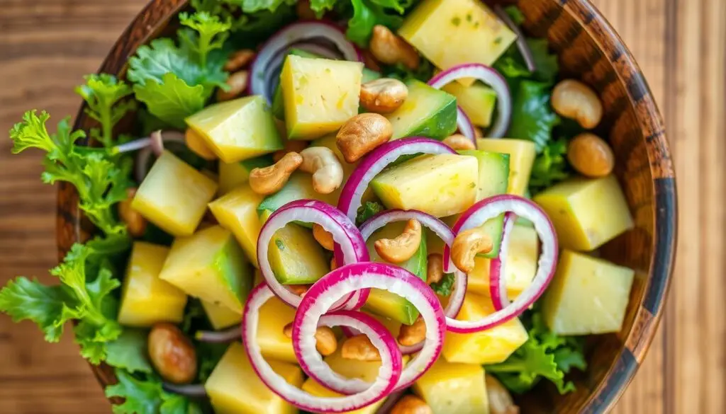 Sałatka z ananasem, awokado, czerwoną cebulą i orzechami nerkowca