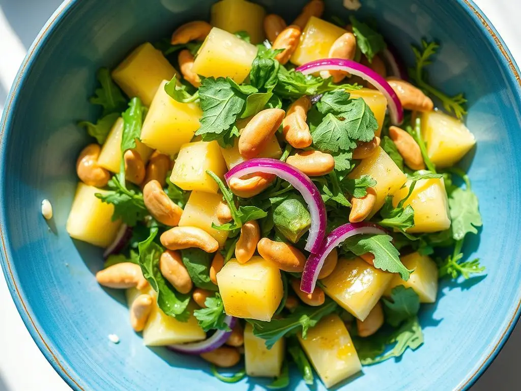 Sałatka z ananasem, rukolą i orzechami nerkowca