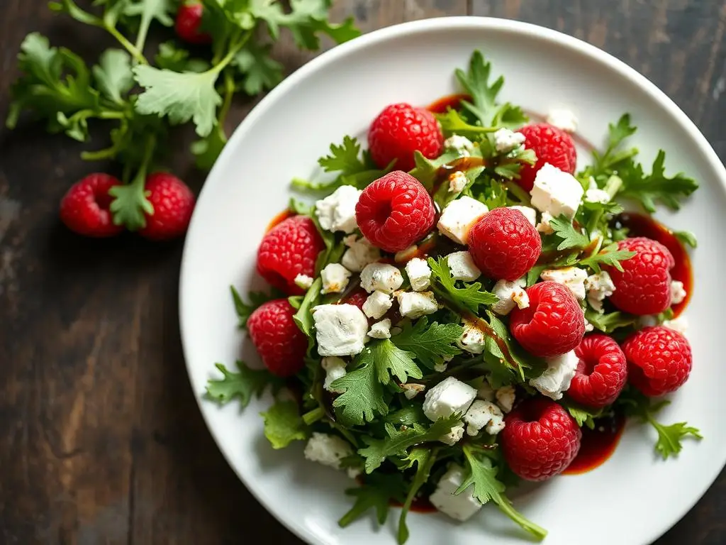Sałatka z malinami, serem feta i rukolą na białym talerzu