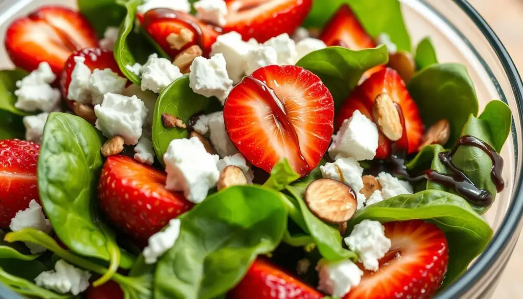 Sałatka z truskawkami, serem feta, szpinakiem i prażonymi migdałami