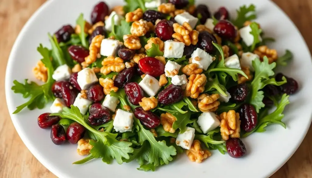 Sałatka z żurawiną, serem pleśniowym, orzechami i rukolą
