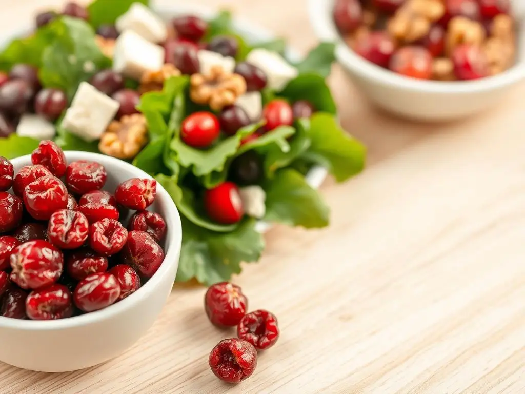 Suszona żurawina w miseczce obok świeżej sałatki z żurawiną