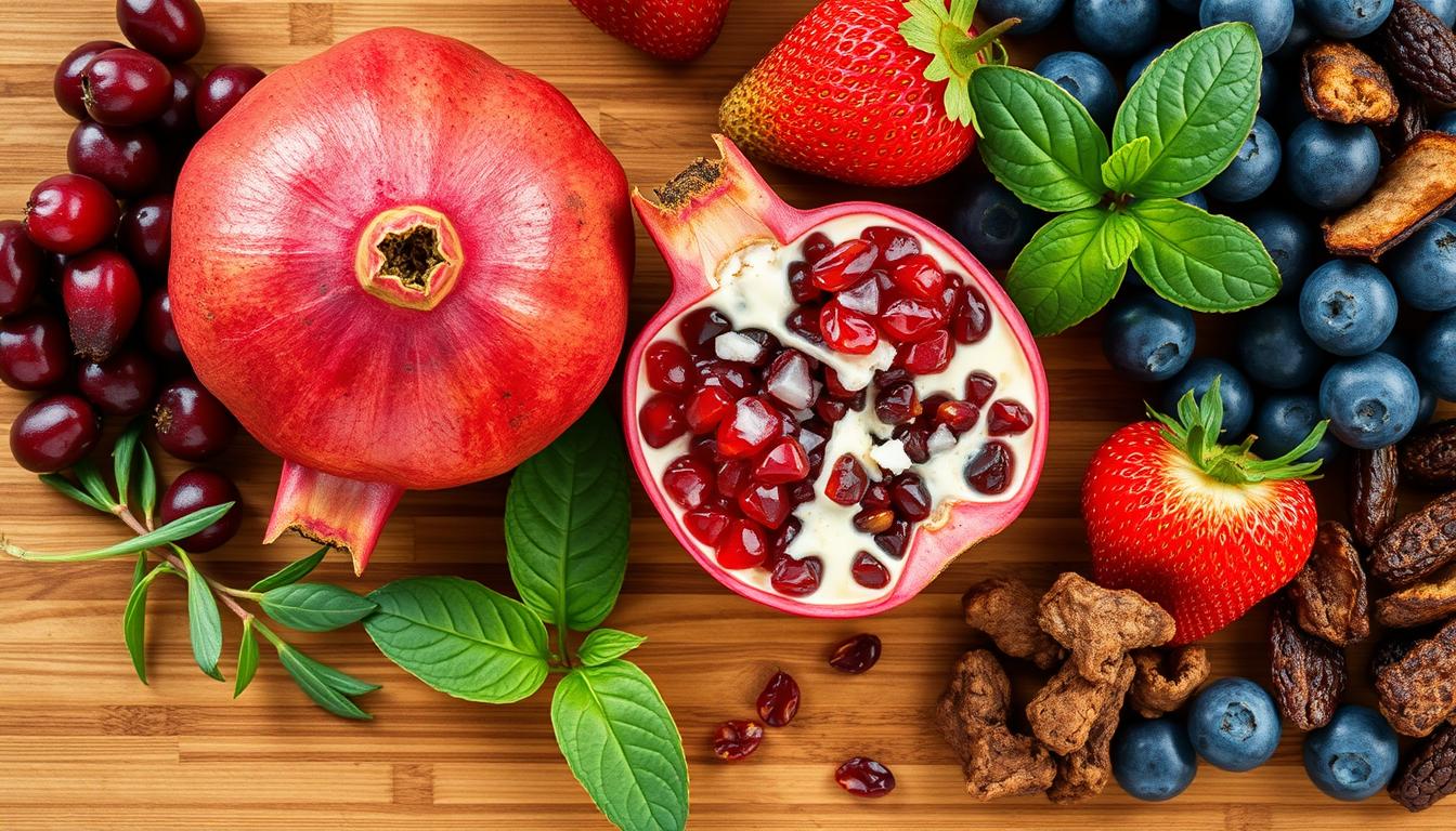 Świeży granat i jego alternatywy ułożone na drewnianej desce do krojenia