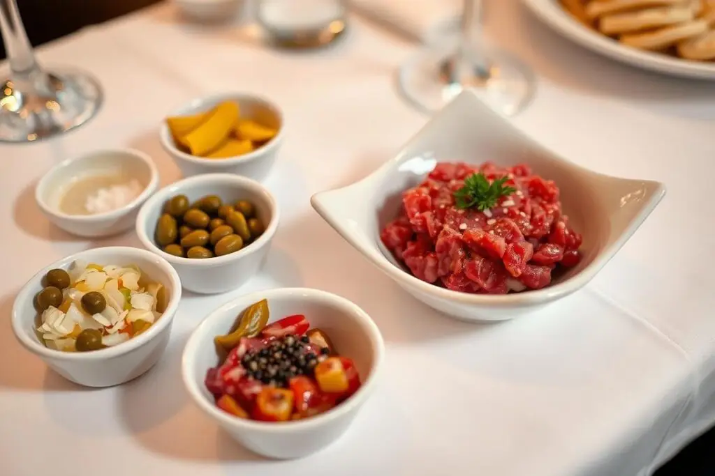 Tradycyjne dodatki do tatara elegancko podane w restauracji