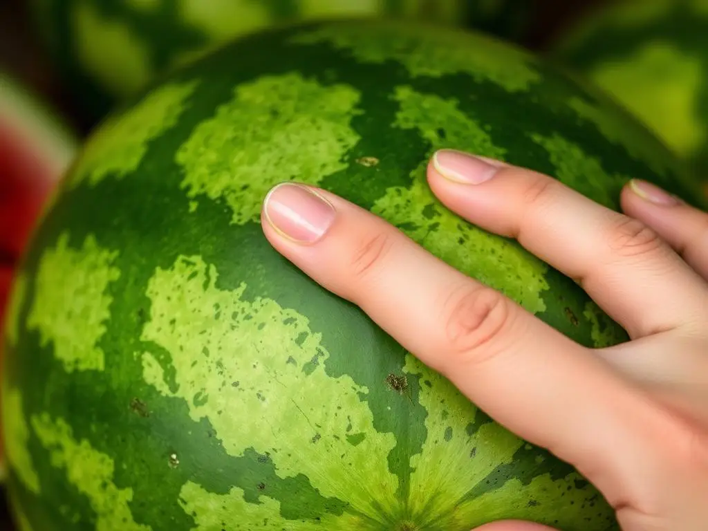 Zbliżenie na dłoń sprawdzającą twardość skórki arbuza Zbliżenie na dłoń sprawdzającą twardość skórki arbuza