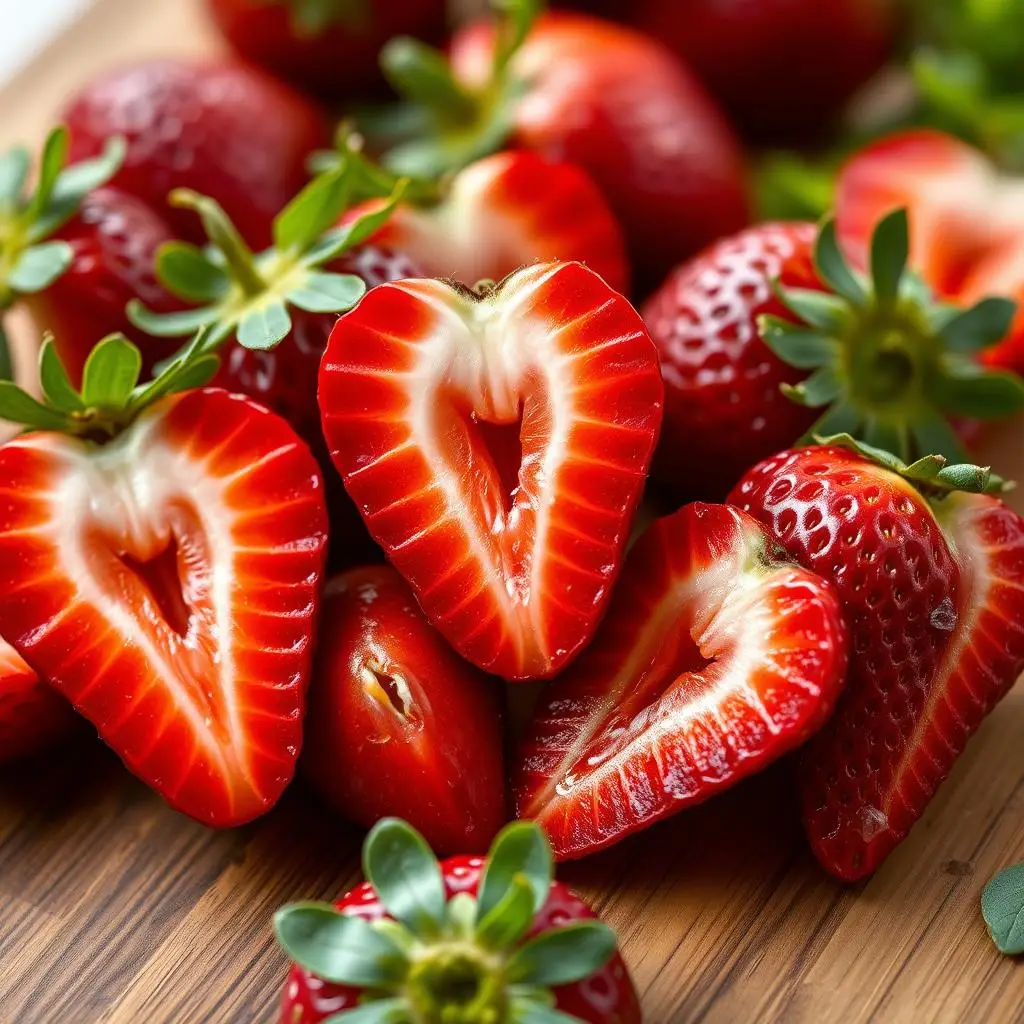 Zbliżenie na pokrojone truskawki gotowe do dodania do sałatki Zbliżenie na pokrojone truskawki gotowe do dodania do sałatki