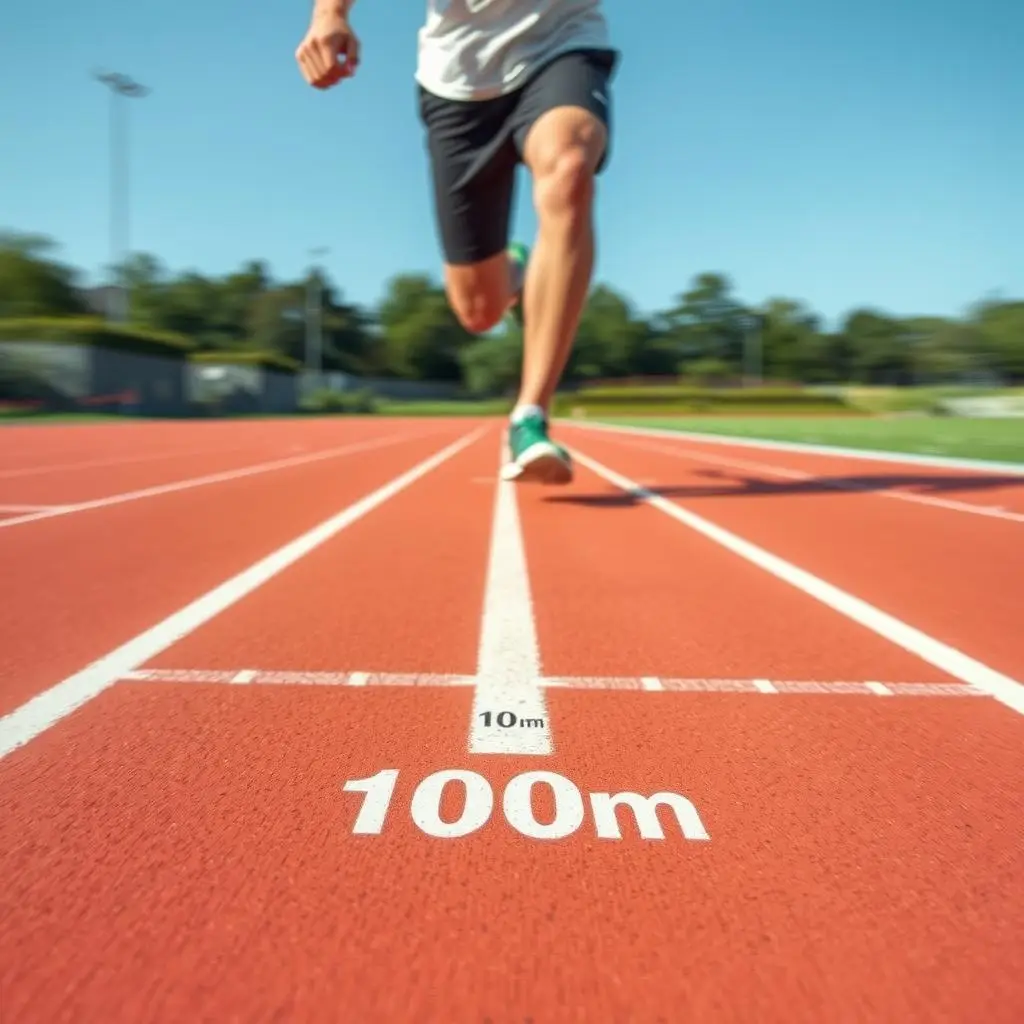 Biegacz na trasie z oznaczeniami dystansu w metrach i kilometrach