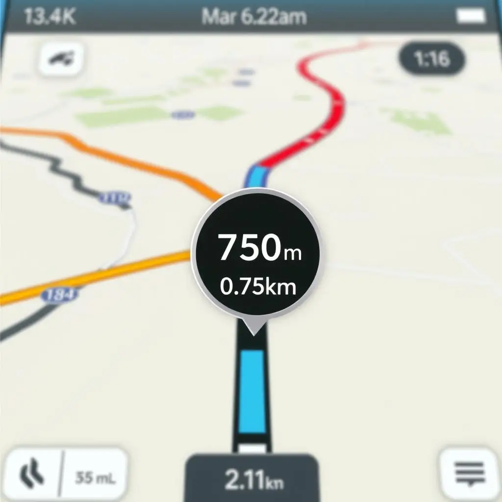 Ekran nawigacji GPS pokazujący trasę z dystansami w metrach i kilometrach