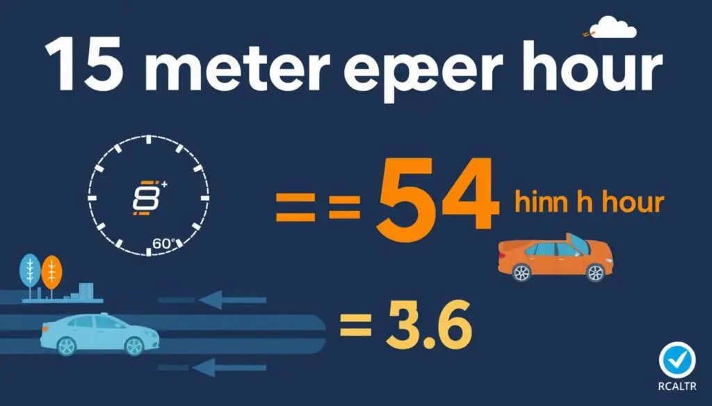Infografika pokazująca przeliczenie 15 m/s na 54 km/h z przykładami pojazdów poruszających się z taką prędkością