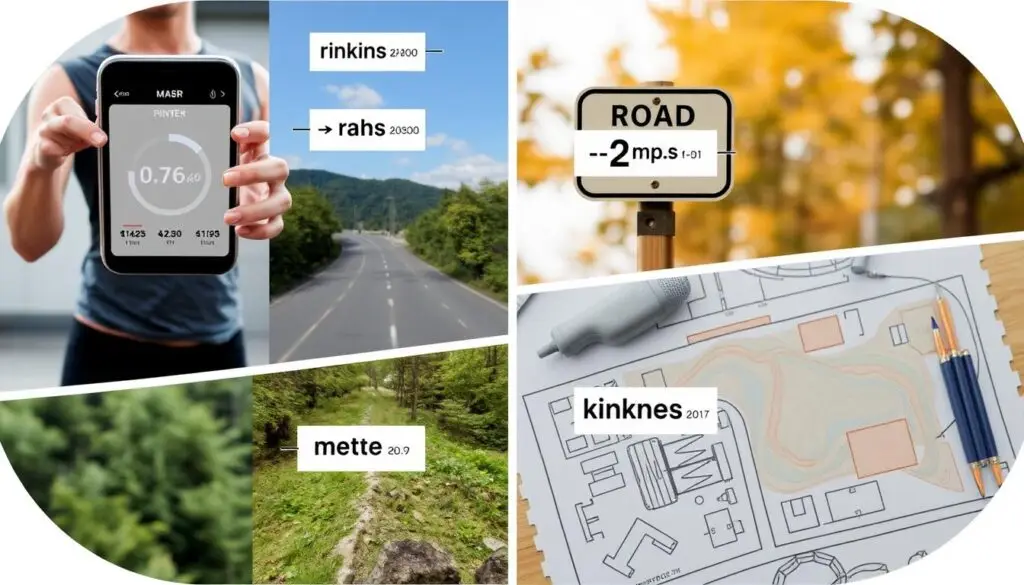 Kolaż pokazujący różne sytuacje życiowe, w których przydaje się przeliczanie metrów na kilometry