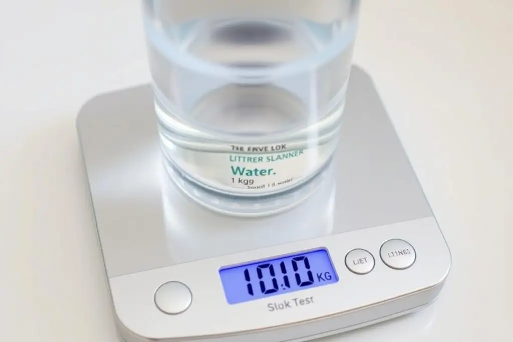 Litr wody na wadze pokazujący, że waży 1 kilogram - 1l ile to kg