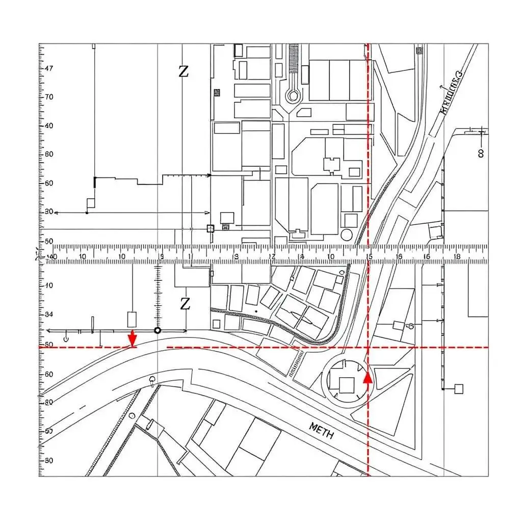 Plan architektoniczny z wymiarami w metrach i skalą w kilometrach