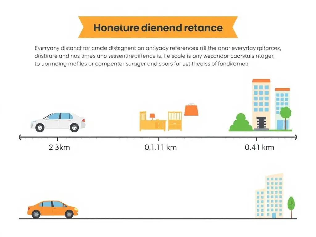 Porównanie różnych dystansów: 23m, 5,1m i 7m z ich odpowiednikami w kilometrach