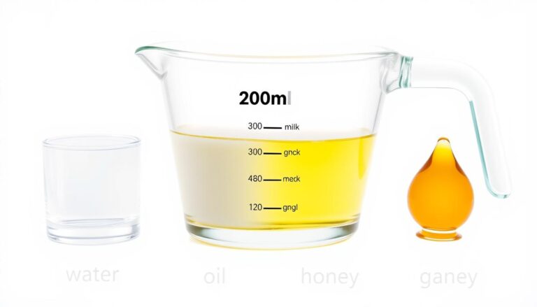 Porównanie wagi 200 ml różnych produktów: woda, mleko, olej, miód