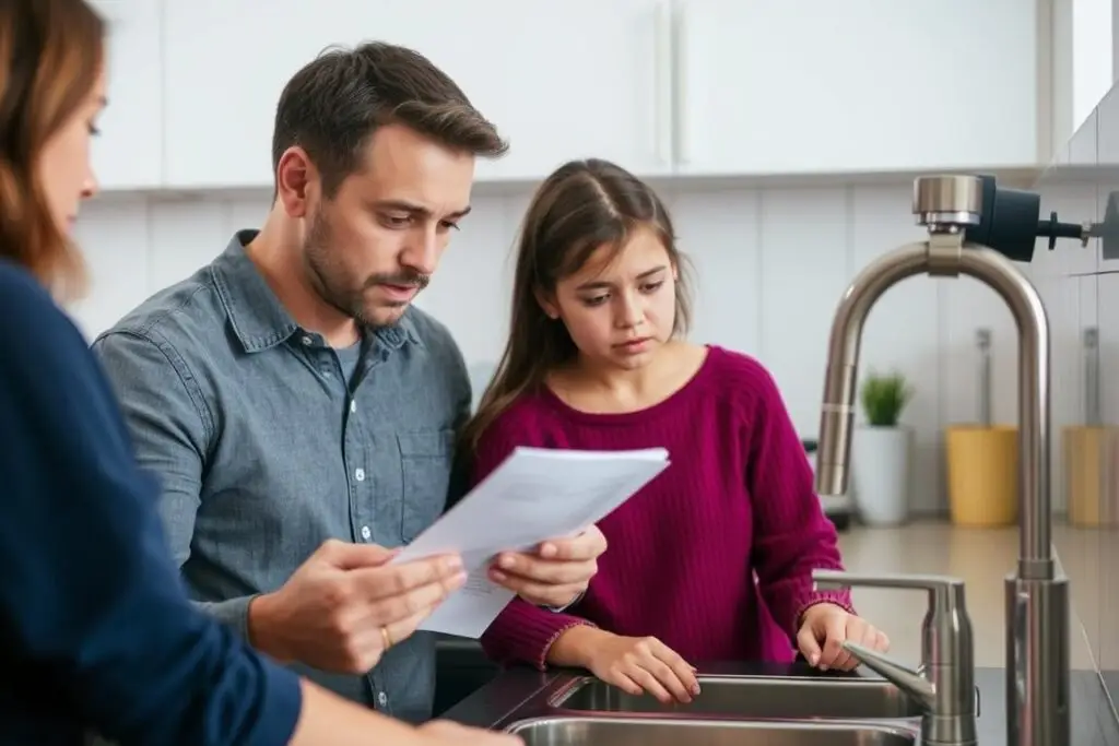 Rodzina kontrolująca zużycie wody w gospodarstwie domowym