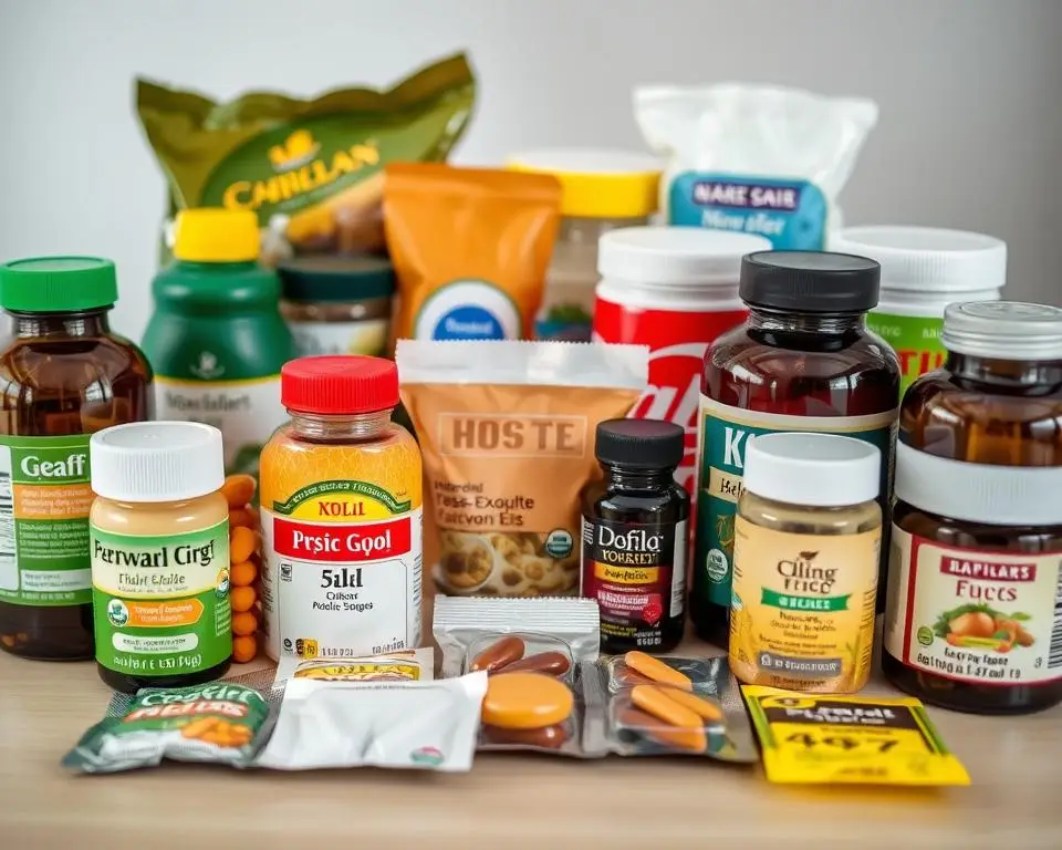 Różne produkty z oznaczeniami w miligramach i gramach