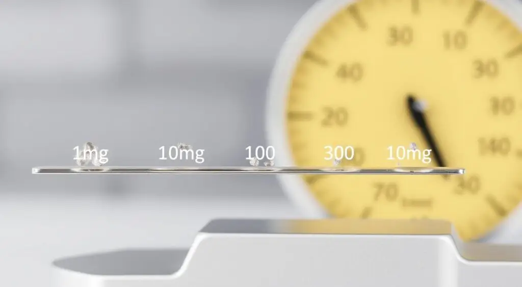 Skala pokazująca przeliczanie małych wartości od 1 mg do 10 mg na gramy