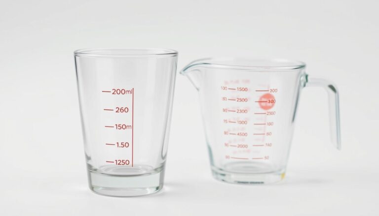 Standardowa szklanka o pojemności 250 ml obok miarki kuchennej