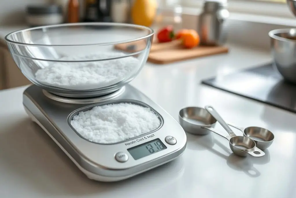 Waga kuchenna z odmierzoną solą i łyżkami obok