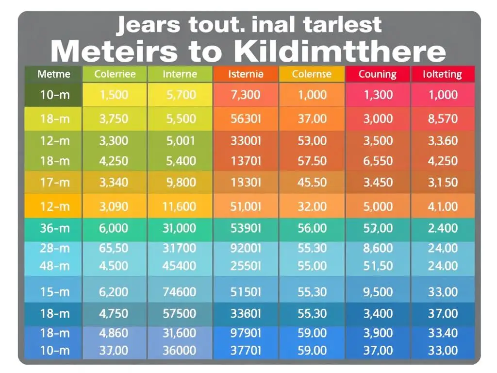 Wizualna tabela przeliczeniowa metrów na kilometry z kolorowymi oznaczeniami dla łatwiejszego zapamiętania