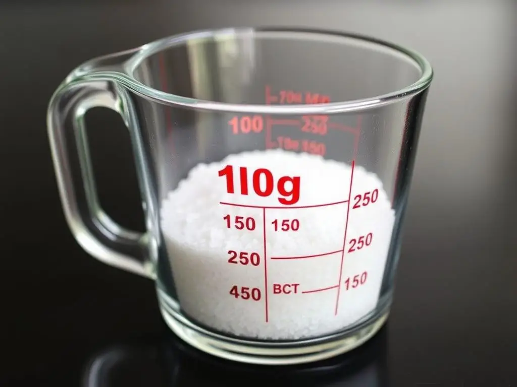 100 gramów soli w szklance miarowej pokazującej objętość