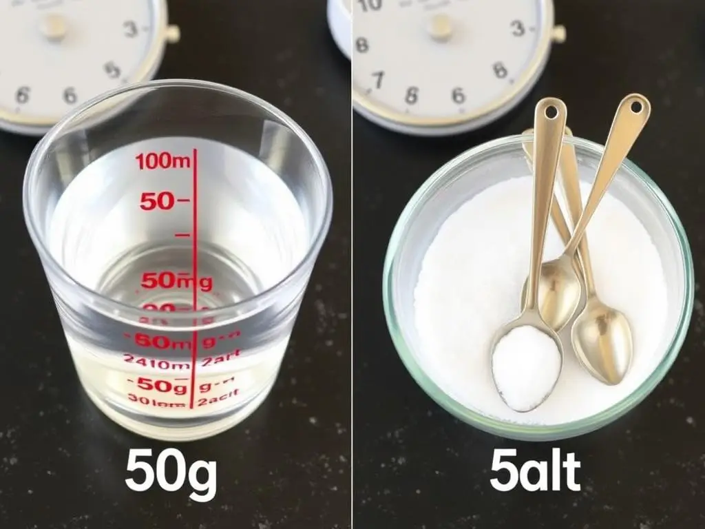 Porównanie 50g wody i 50g soli w łyżkach stołowych
